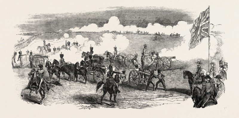 BRITISH ROYAL HORSE ARTILLERY, BATTERY IN ACTION, UK, 1851 engraving