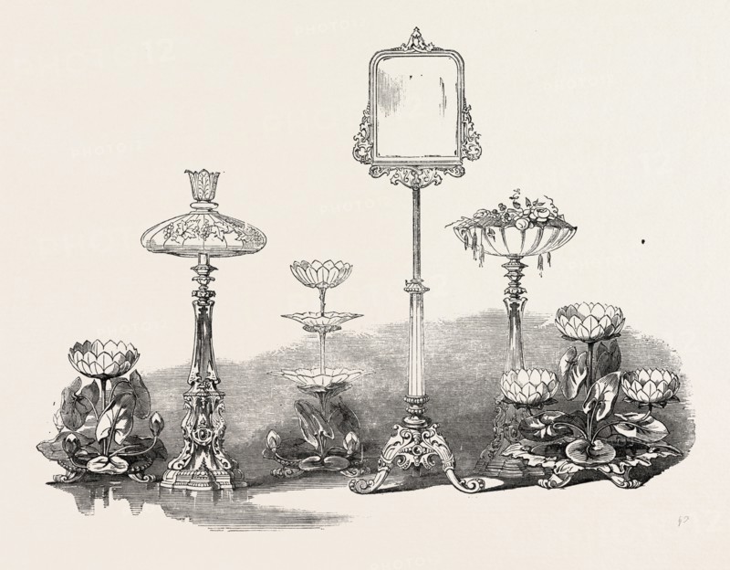 GROUP OF GLASS, BY MR. GREEN, ST. JAMES'S STREET, LONDON, UK, 1851 engraving