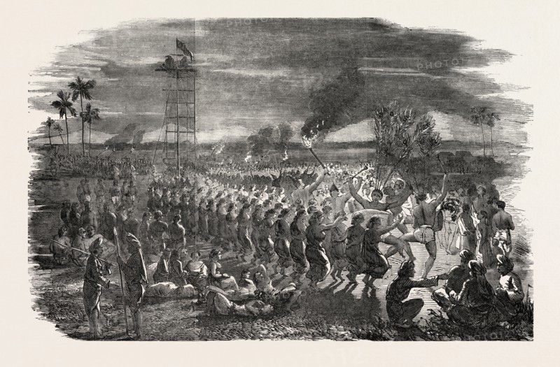 SONTHAL DANCE BY MOONLIGHT, 1851 engraving