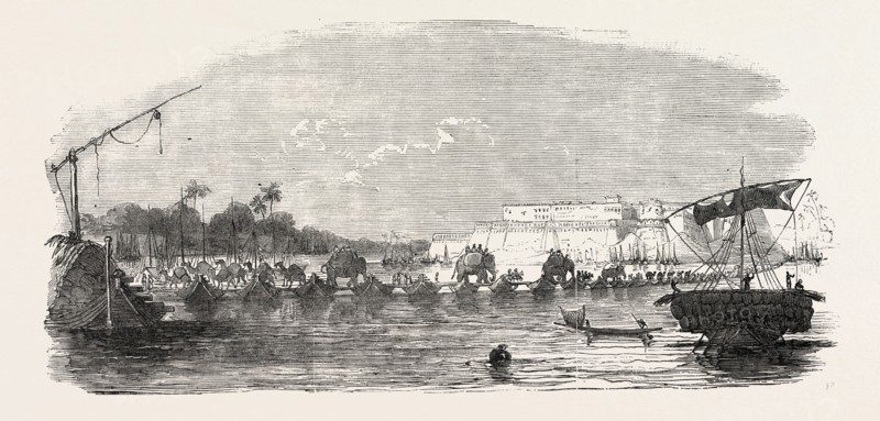 LINE OF RAILWAY FROM CALCUTTA TO DELHI: FORTRESS OF ALLAHABAD, BRIDGE OF BOATS ACROSS THE JUMNA, INDIA, 1851 engraving