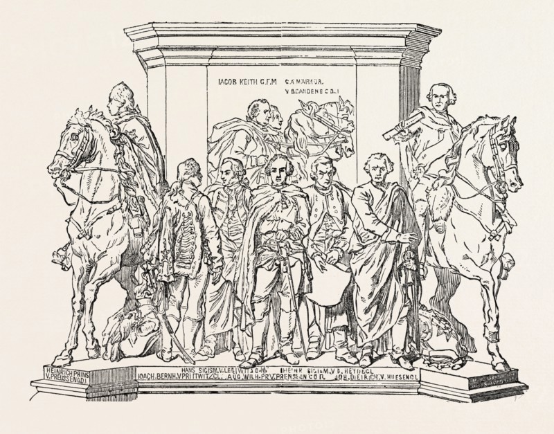 STATUE OF FREDERICK THE GREAT, END OF PEDESTAL, BERLIN, GERMANY, 1851 engraving