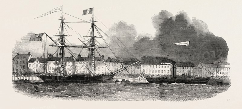 DEPARTURE OF THE RENEWED BRANCH EXPEDITION IN SEARCH OF SIR JOHN FRANKLIN, THE PRINCE ALBERT LEAVING ABERDEEN, UK, 1851 engraving
