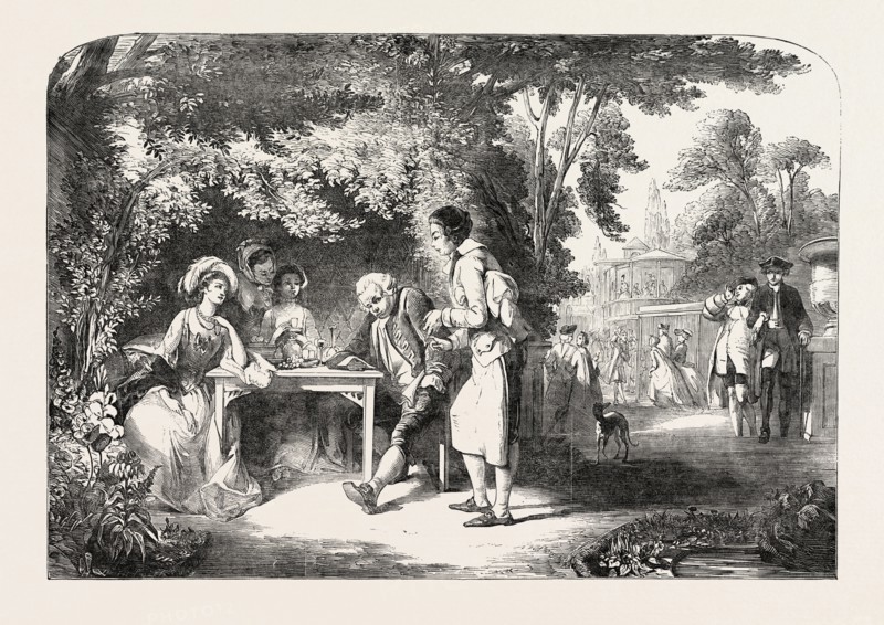 EXHIBITION OF THE ROYAL ACADEMY: AN AWKWARD POSITION, GOLDSMITH AT WHITE CONDUIT HOUSE, PAINTED BY A. SOLOMON, 1851 engraving