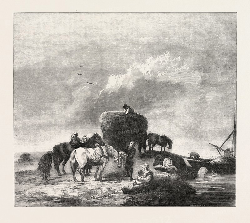 THE BRIDGEWATER GALLERY: THE HAY CART PAINTED BY PHILIP WOUWERMANS, DUTCH, 1619-1668, 1851 engraving