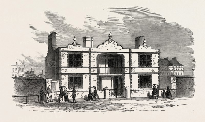 THE GREAT EXHIBITION, LONDON, UK: MODEL HOUSES FOR THE WORKING CLASSES: PRINCE ALBERT'S MODEL LODGING HOUSE; The contribution of his Royal Highness to the Great Exhibition is a block of model houses, erected at the Cavalry Barracks, Hyde Park. The houses are designed for the accomodation of four families, and were erected by the Prince at his own expense, 1851 engraving