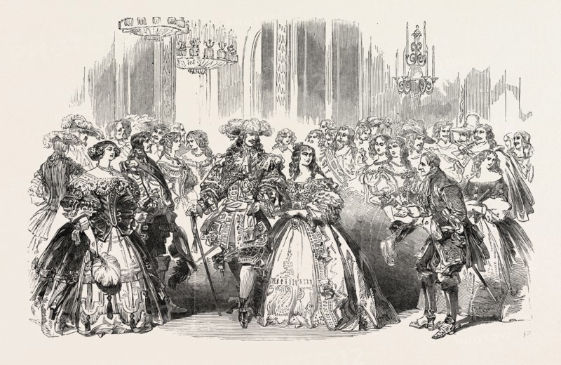 HER MAJESTY QUEEN VICTORIA'S COSTUME BALL AT BUCKINGHAM PALACE, LONDON, UK: THE COUNTESS OF GRANVILLE, HIS ROYAL HIGHNESS PRINCE ALBERT, QUEEN VICTORIA, THE DUKE OF WELLINGTON, THE DUCHESS OF ROXBURGHE, 1851 engraving