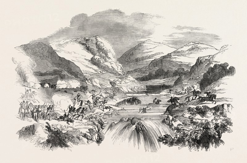 THE WAR IN KAFFIRLAND: DESTRUCTION OF STOCK'S KRAAL, ON THE KEISKAMMA RIVER, SOUTH AFRICA, 1851 engraving