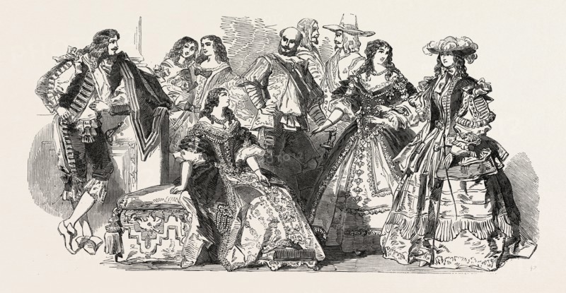HER MAJESTY QUEEN VICTORIA'S COSTUME BALL AT BUCKINGHAM PALACE, LONDON, UK: COSTUMES WORN BY MR. PEMBERTON LEIGH, LADY AUGUSTA HARE, OFFICERS OF THE 4TH DRAGOONS, LADY MIDDLETON, THE MARCHIONESS OF STAFFORD, 1851 engraving