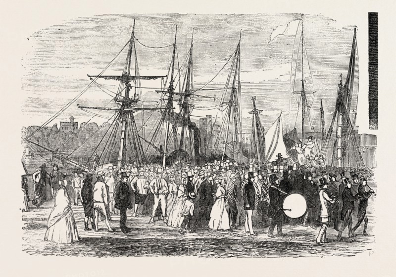 LANDING OF MESSRS. GARRATT'S WORKMEN, AT HORSEFERRY ROAD, ON THEIR VISIT TO THE GREAT EXHIBITION, LONDON, UK, 1851 engraving
