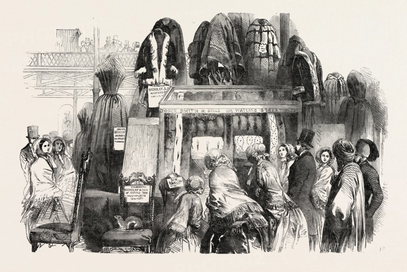 THE GREAT EXHIBITION, CRYSTAL PALACE, HYDE PARK, LONDON, UK: CASE OF FURS, SHOWING ESPECIALLY THE SEVERAL KINDS OF SABLE, BY SMITH AND SONS, WATLING STREET, 1851 engraving