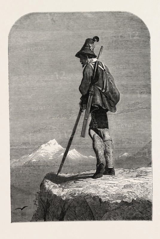 EXHIBITION OF THE SOCIETY OF PAINTERS IN WATER COLOURS: A TYROLESE CHAMOIS HUNTER BY CARL HAAG, 1851 engraving