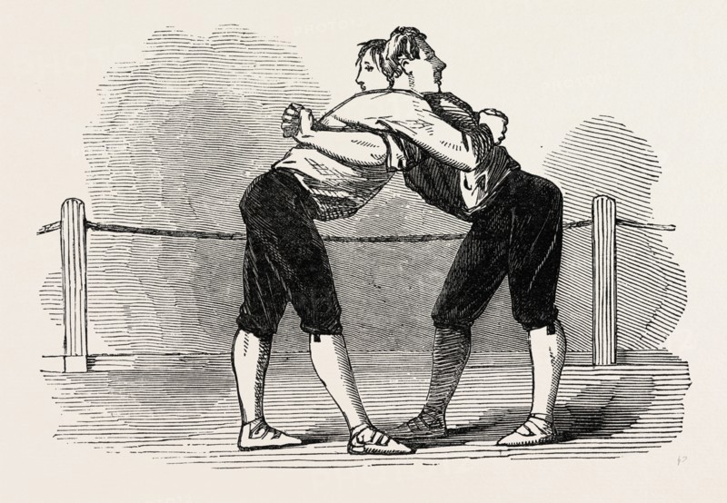 OLD ENGLISH SPORTS AT SAVILLE HOUSE, LEICESTER SQUARE, LONDON, UK: WESTMORELAND WRESTLING THE HOLD, 1851 engraving