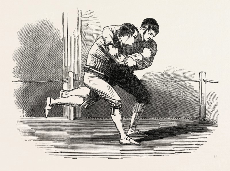 OLD ENGLISH SPORTS AT SAVILLE HOUSE, LEICESTER SQUARE, LONDON, UK: CORNISH WRESTLING, 1851 engraving