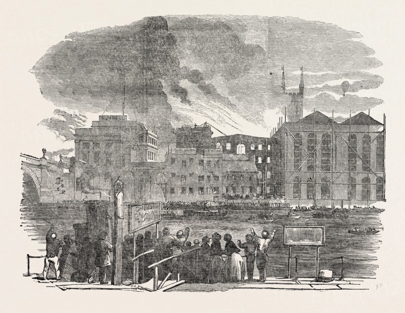 DESTRUCTIVE FIRE AT HIBERNIA WHARF, SOUTHWARK, LONDON, UK, 1851 engraving
