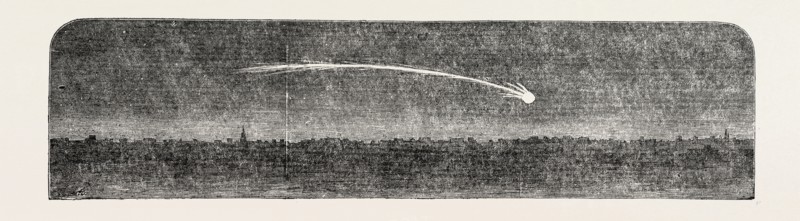 REMARKABLE METEOR SEEN FROM THE LONDON AND BLACKWALL EXTENSION RAILWAY, UK, 1851 engraving