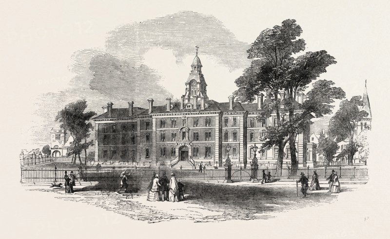 CITY OF LONDON HOSPITAL FOR DISEASES OF THE CHEST, VICTORIA PARK, FIRST STONE LAID, UK, 1851 engraving