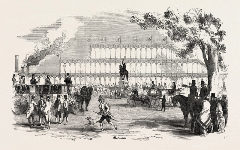 COLOSSAL STATUE OF RICHARD COEUR DE LION, WESTERN END OF THE GREAT EXHIBITION BUILDING, UK, 1851 engraving