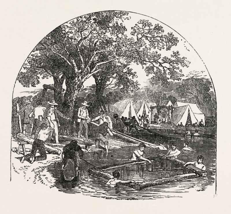 FORMATION OF A BRIDGE BY THE MORMONS, 1851 engraving