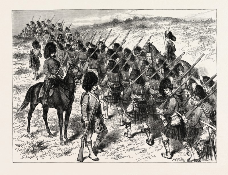 THE 93RD HIGHLANDERS ON THE MARCH, 1873 engraving