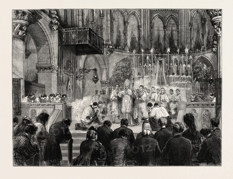 THE ENGLISH PILGRIMAGE TO PARAY-LE-MONIAL,FRANCE: THE BENEDICTION AT THE PRO-CATHEDRAL, SOUTH KENSINGTON, UK, 1873 engraving