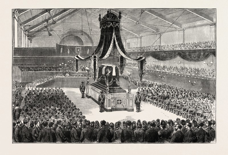 THE FUNERAL OF THE DUKE OF BRUNSWICK AT GENEVA: THE SERVICE IN THE HALL OF THE REFORMATION, SWITZERLAND, 1873 engraving