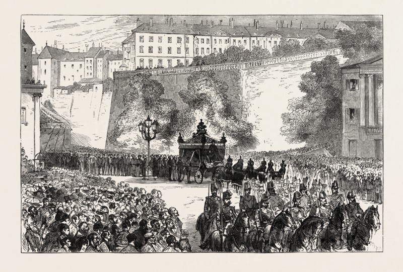 THE FUNERAL OF THE DUKE OF BRUNSWICK AT GENEVA: THE PROCESSION TO THE CEMETERY, SWITZERLAND, 1873 engraving
