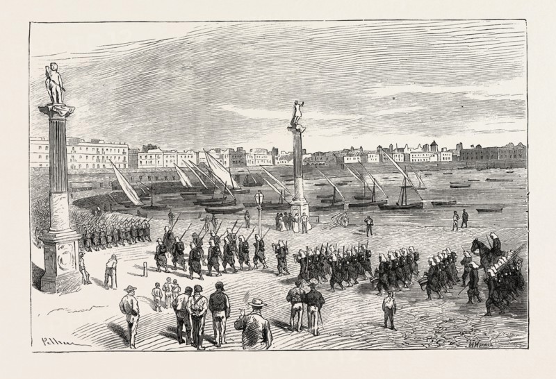 THE CIVIL WAR IN SPAIN: GENERAL PAVIA'S TROOPS ENTERING CADIZ, 1873 engraving