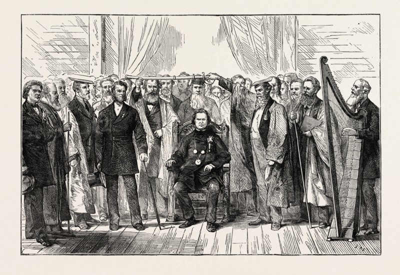 THE MOLD EISTEDDFOD: CHAIRING THE BARD, WALES, UK, 1873 engraving