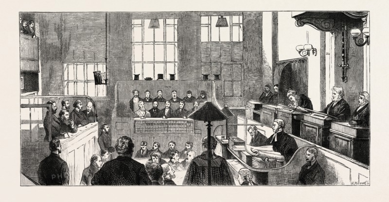THE GREAT CITY FORGERIES: TRIAL OF THE ACCUSED AT THE CENTRAL CRIMINAL COURT. Austin Biron Bidwell; George Macdonnell; George Bidwell; Edwin Noyes; Henry Avory, Esq., Clerk of the Court; Mr. Justice Archibald Alderman; Sir W.R. Carden, 1873 engraving