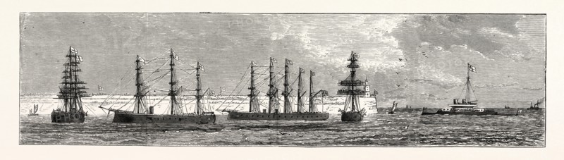 INAUGURATION OF THE HOLYHEAD BREAKWATER AND HARBOUR OF REFUGE BY H.R.H. THE PRINCE OF WALES: FLEET MANNING YARDS ON THE PRINCES LEAVING THE BREAKWATER; Hercules, Northumberland, Sultan, Devastation, 1873 engraving