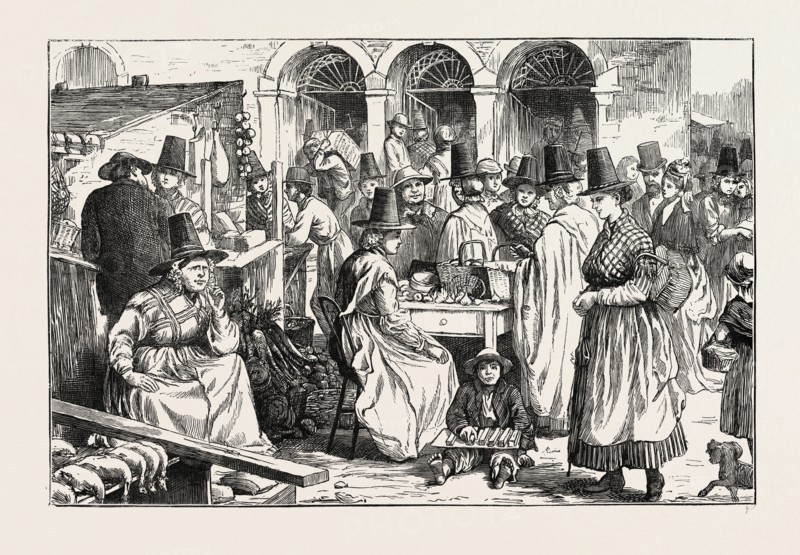 THE MOLD EISTEDDFOD: HOLYHEAD MARKET, WALES, UK, 1873 engraving