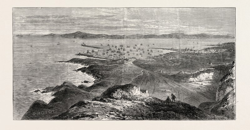 INAUGURATION OF THE HOLYHEAD BREAKWATER AND HARBOUR OF REFUGE BY H.R.H. THE PRINCE OF WALES: GENERAL VIEW OF THE BREAKWATER AND HARBOUR OF REFUGE, WALES, UK, 1873 engraving