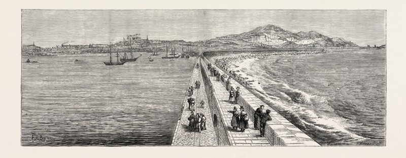 INAUGURATION OF THE HOLYHEAD BREAKWATER AND HARBOUR OF REFUGE BY H.R.H. THE PRINCE OF WALES: VIEW OF THE HEAD FROM THE BREAKWATER, WALES, UK, 1873 engraving