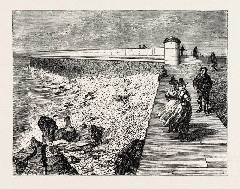 INAUGURATION OF THE HOLYHEAD BREAKWATER AND HARBOUR OF REFUGE BY H.R.H. THE PRINCE OF WALES: SHORE END OF THE BREAKWATER, WALES, UK, 1873 engraving
