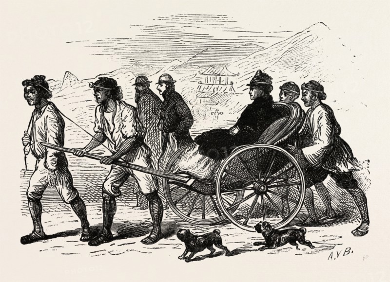 A DRAG ACROSS THE SAND IN A JINRIKISHA, RICKSHA, PULLED RICKSHAW. A TWO-WHEELED CART WHICH SEATS ONE OR TWO PEOPLE