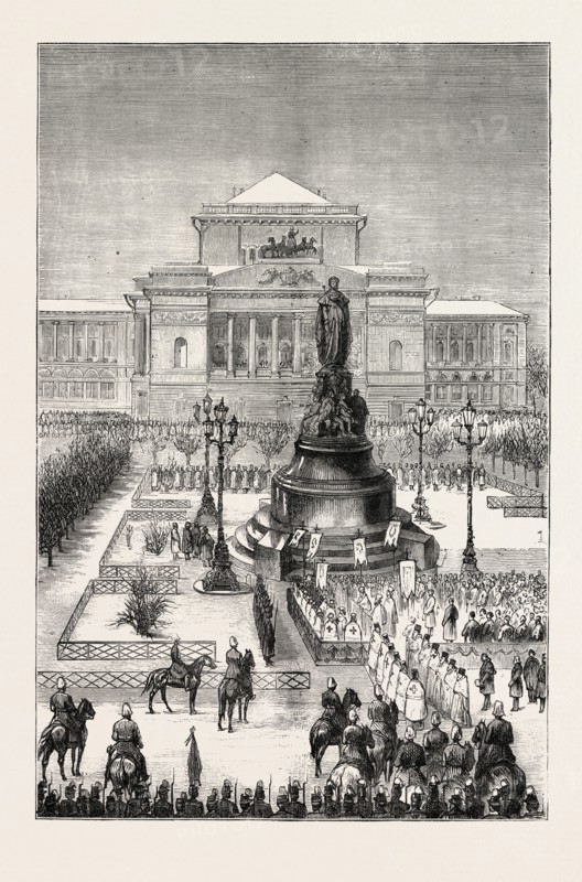 UNVEILING THE STATUE OF CATHERINE II AT ST. PETERSBURG, RUSSIA: THE CEREMONY OF UNVEILING THE STATUE, 1873 engraving