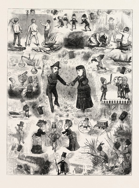 A COMIC RETROSPECT OF 1873: CORAM STREET; ADULTERATION ACT; SCHOOL BOARD ENTIRELY FREE FROM PARTY POLITICS, 1873 engraving