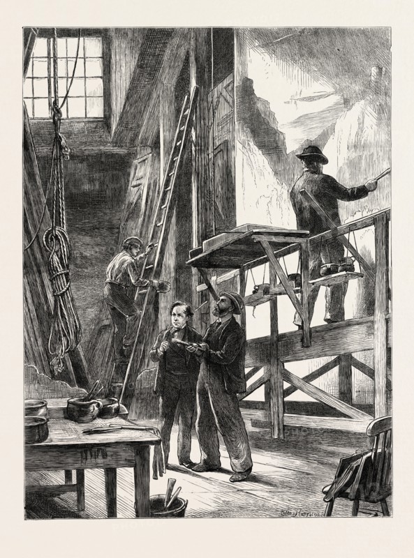 A SCENE PAINTER'S STUDIO: PREPARING FOR CHRISTMAS, SKETCHED AT THE HAYMARKET THEATRE, LONDON, UK, 1873 engraving
