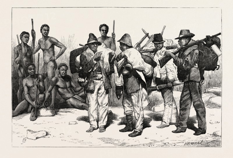DIGGING FOR DIAMONDS AT CAPE COLONY: THE NATIVES, BEFORE AND AFTER WORKING IN THE MINES, SOUTH AFRICA, 1873 engraving
