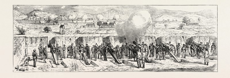 THE CARTAGENA INSURRECTION, SPAIN: THE BOMBARDMENT, GOVERNMENT BATTERY OF 70lb. BRONZE GUNS NEAREST THE CITY FIRING ON THE FORTS, 1873 engraving