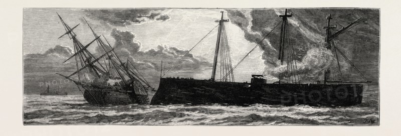 THE CARTAGENA INSURRECTION, SPAIN: THE INSURGENT FRIGATE NUMANCIA RUNNING DOWN HER CONSORT THE FERNANDO EL CATOLICO, 1873 engraving