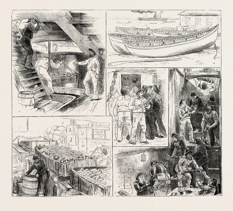 THE ASHANTEE WAR: SHIPPING STORES AND WAR MATERIAL AT WOOLWICH FOR THE GOLD COAST: 1. Stowing the Forecastle Hold. 2. Surf Boats awaiting Shipment. 3. Stowing Lead for the Fantees. 4. Serving out Tobacco for the Voyage Out. 5. A Sketch in the Arsenal: War Material to be taken out by H.M.S. Dromedary, ANGLO ASHANTI WAR, GHANA, 1873 engraving