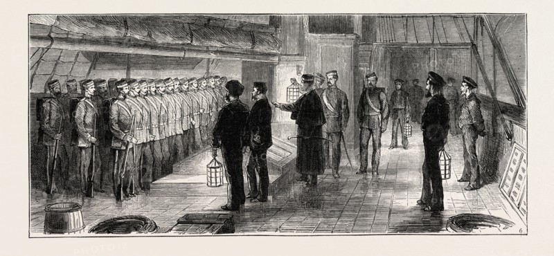THE ASHANTEE WAR: SHIPPING STORES AND WAR MATERIAL AT WOOLWICH FOR THE GOLD COAST: 6. Calling over the Roll on the Quarter Deck of H. M. S. Dromedary, ANGLO ASHANTI WAR, GHANA, 1873 engraving