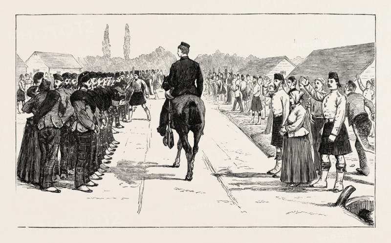 VOLUNTEERS FROM THE 79TH HIGHLANDERS LEAVING ENGLAND FOR THE ASHANTEE WAR: THE PARADE: PRINCE ARTHUR RIDING ALONG THE LINES, ANGLO ASHANTI WAR, GHANA, 1873 engraving