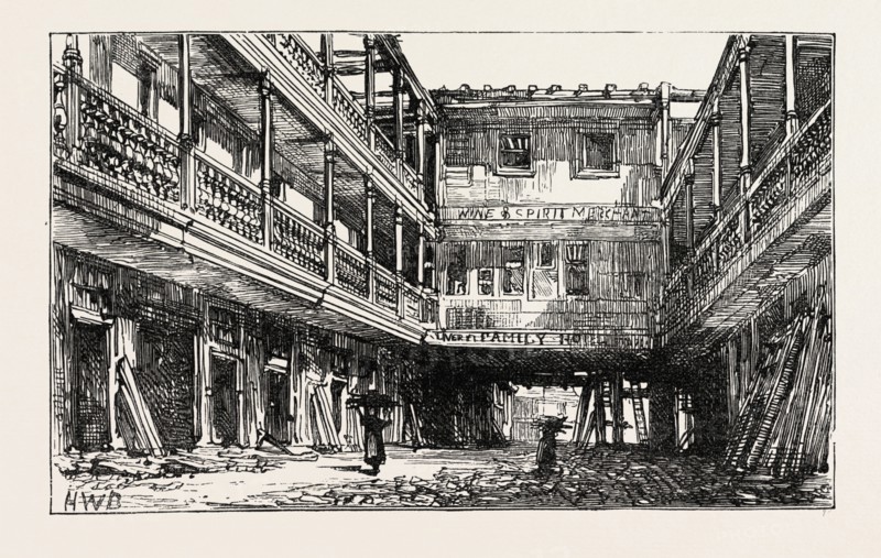 THE FOUR SWANS INN, BISHOPSGATE STREET, SKETCHED DURING THE RECENT DEMOLITION, LONDON, UK, 1873 engraving