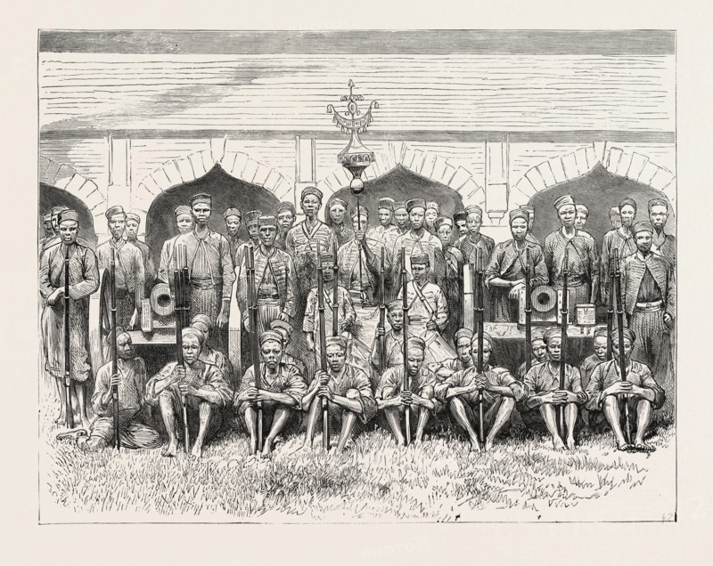 THE ASHANTEE WAR: HOUSSA TROOPS TRAINED AT LAGOS, ANGLO ASHANTI WAR, GHANA, 1873 engraving