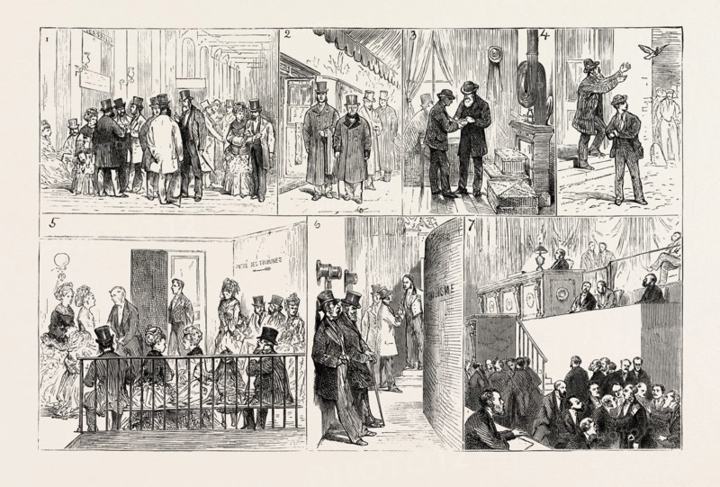 THE FRENCH CRISIS, SKETCHES AT VERSAILLES DURING THE RECENT CONSTITUTIONAL DEBATE, FRANCE: 1. The Deputies at St. Lazare Railway Station. 2. The Last on the Platform at Versailles. 3. The Wine Shop in Front of the Assembly. 4. The Flight. 5. Soliciting the Deputies for an Entry. 6. The Back of the Tribune, Listening without Seeing. 7. Jules Simon surrounded by his Friends on leaving the Tribune, 1873 engraving