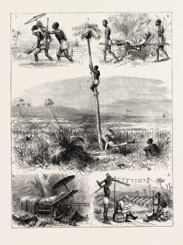 THE ASHANTEE WAR: HOW I TOOK COOMASSIE: 1. I land in great force; the main body of the enemy has apparently yet to be encountered. 2. Heavy marching order (for the Fantee bearers). 3. Mid-day halt and reconnoitre. 4. Encampment, a night surprise. 5. Coomassie taken, ANGLO ASHANTI WAR, GHANA, 1873 engraving