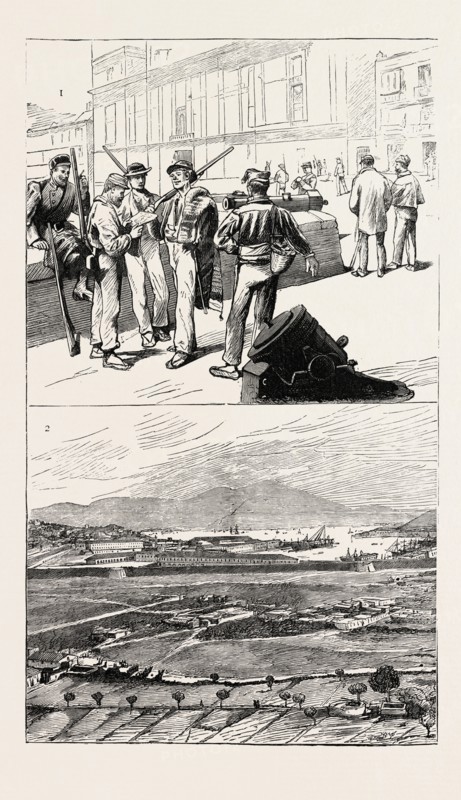 THE CARTAGENA INSURRECTION, SPAIN: 1. On the Ramparts: Types of the Insurgents. 2. The Arsenal and Harbour of Cartagena, 1873 engraving