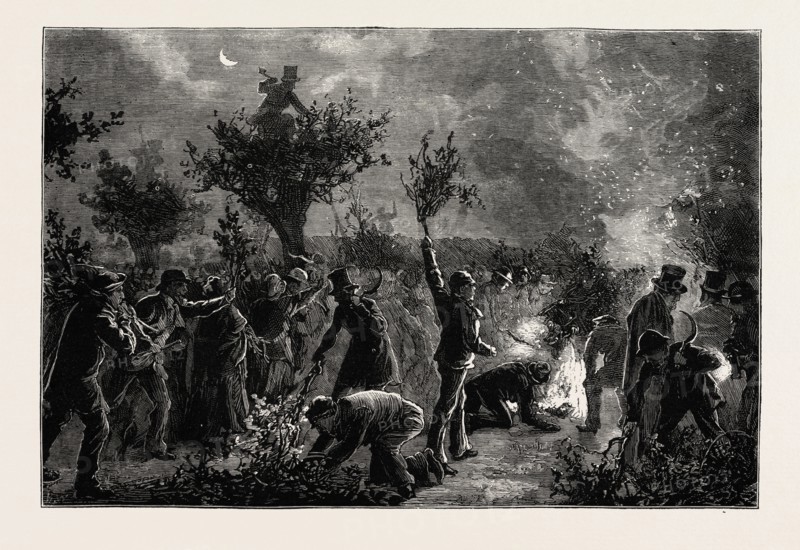 THE ANCIENT CUSTOM OF WOOD LOPPING AT MIDNIGHT IN EPPING FOREST ON THE ELEVENTH OF NOVEMBER, UK, 1873 engraving